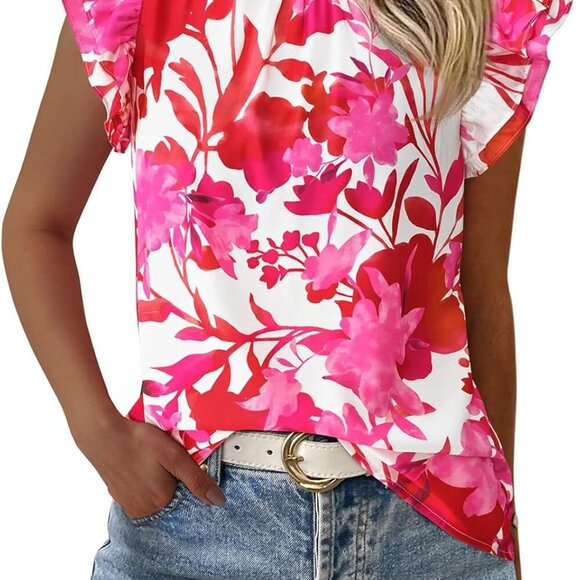 Women's Ruffle Short Sleeve Summer Tops - 2025 Trendy Floral Trim Neck Casual Dr - Picture 1 of 8